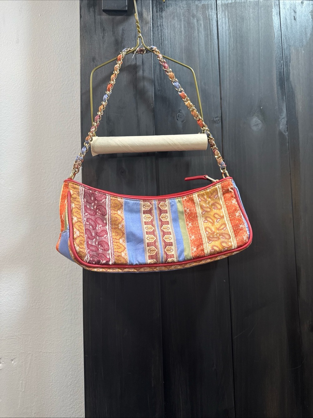 Talbots Silk Multicolor Paisley Shoulder Bag in Red, Orange, Blue, Purple, Cream